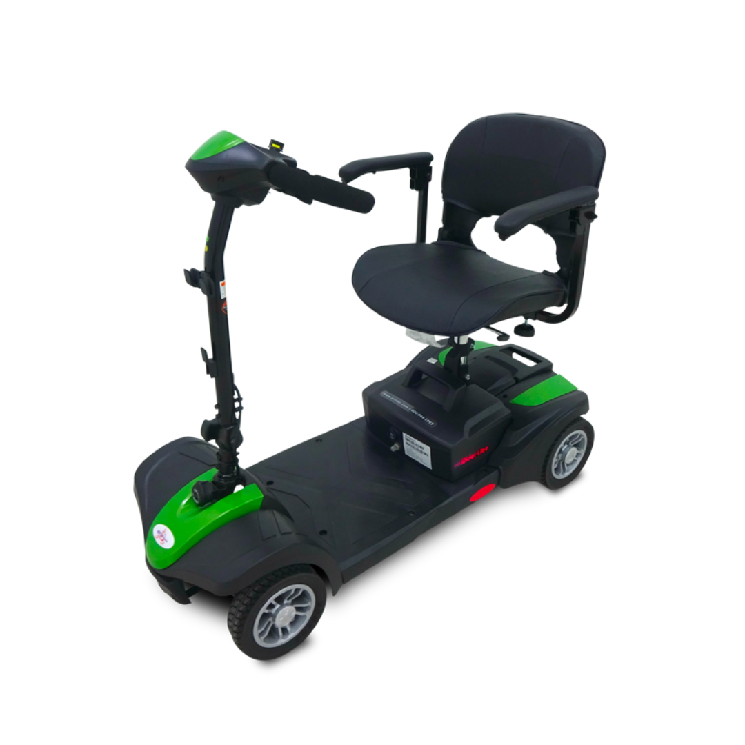 The EV Rider MiniRider Lite Portable Mobility Scooter is a compact green and black four-wheel scooter with a padded seat, armrests, handlebar control panel, and foot platform. Specifications included. Displayed on a white background.